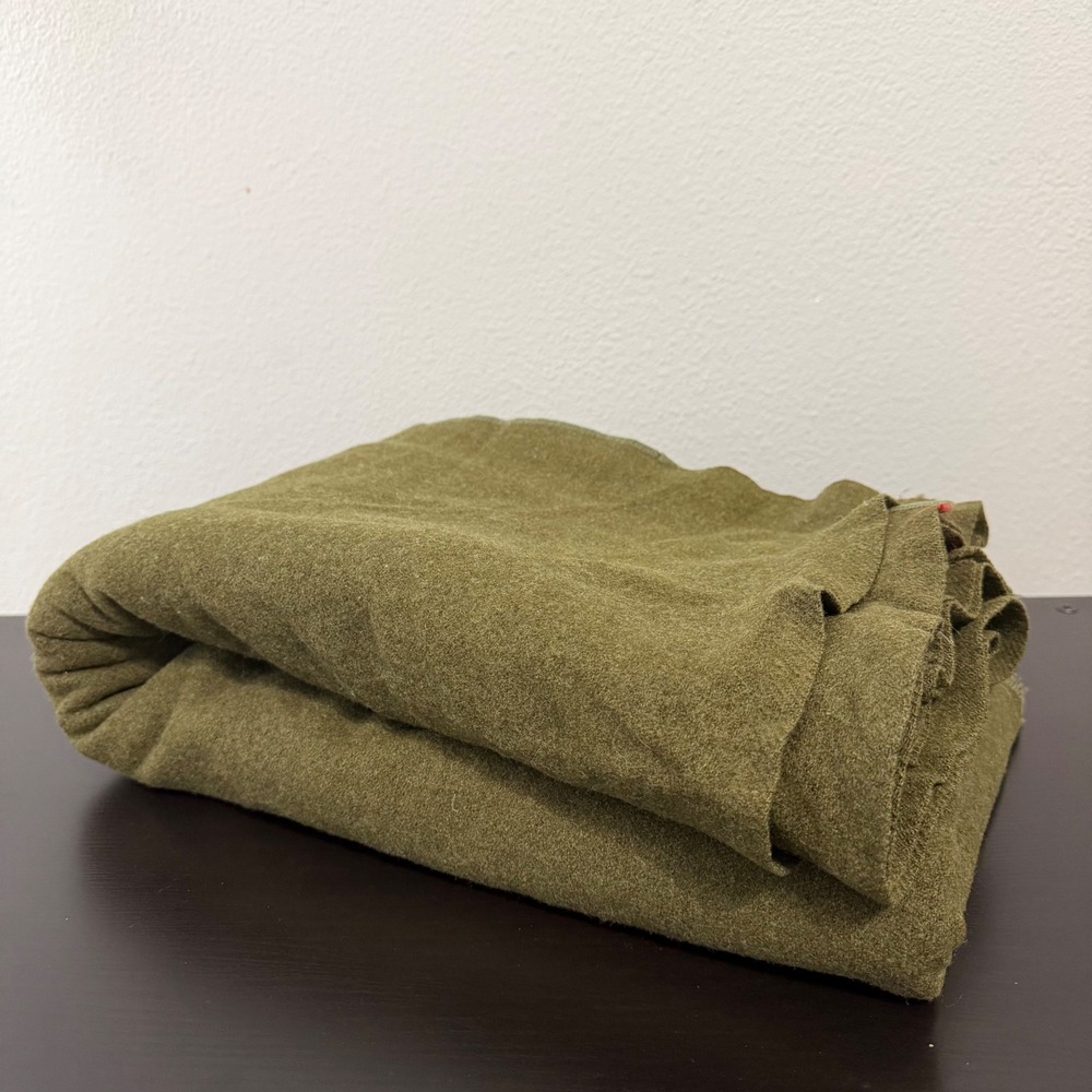 Vintage Olive Drab Wool Military Blanket Fabric 77x64 Heavyweight Raw Edge